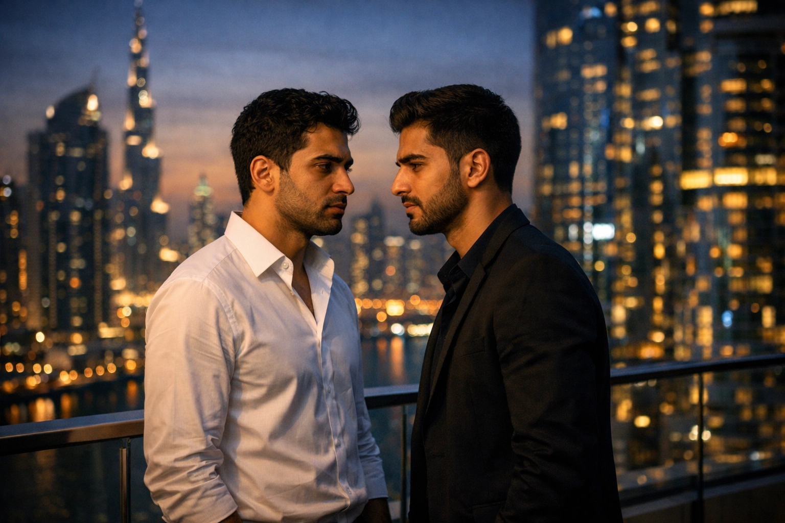 Two men share a longing glance on Dubai balcony at dusk - forbidden MM romance in the Middle East
