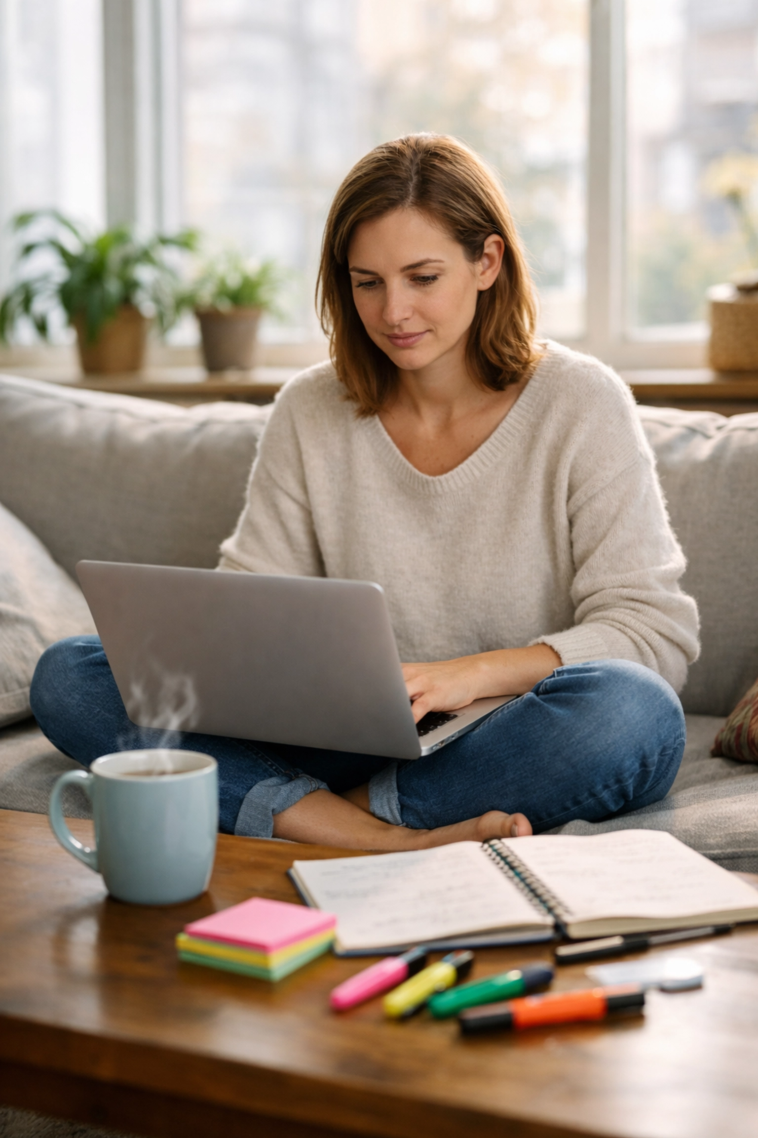 Woman studying for CLEP exam at home with laptop and study guide materials