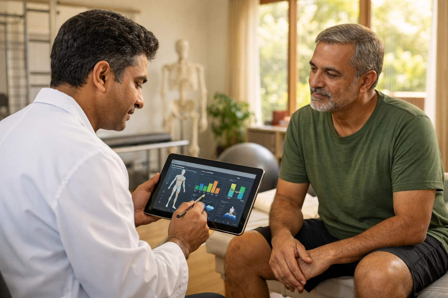 A Maana Health doctor operates an advanced diagnostic device, reviewing patient data for non-invasive evaluation.