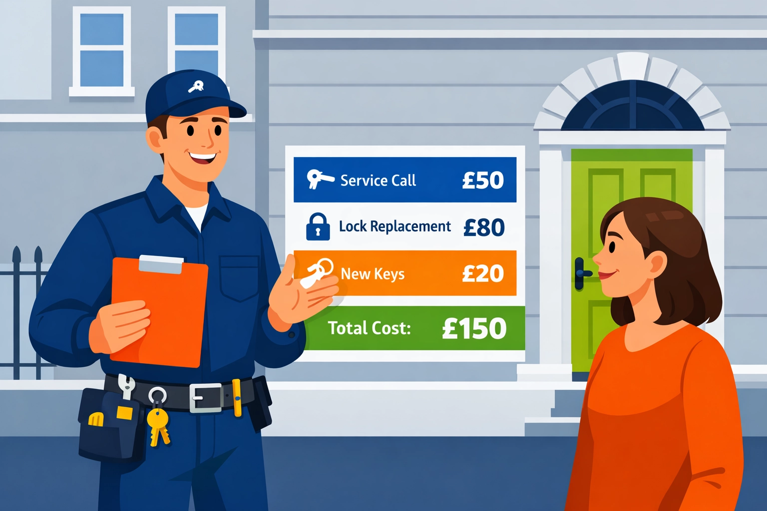 A professional locksmith Bristol explaining transparent service costs to a homeowner.