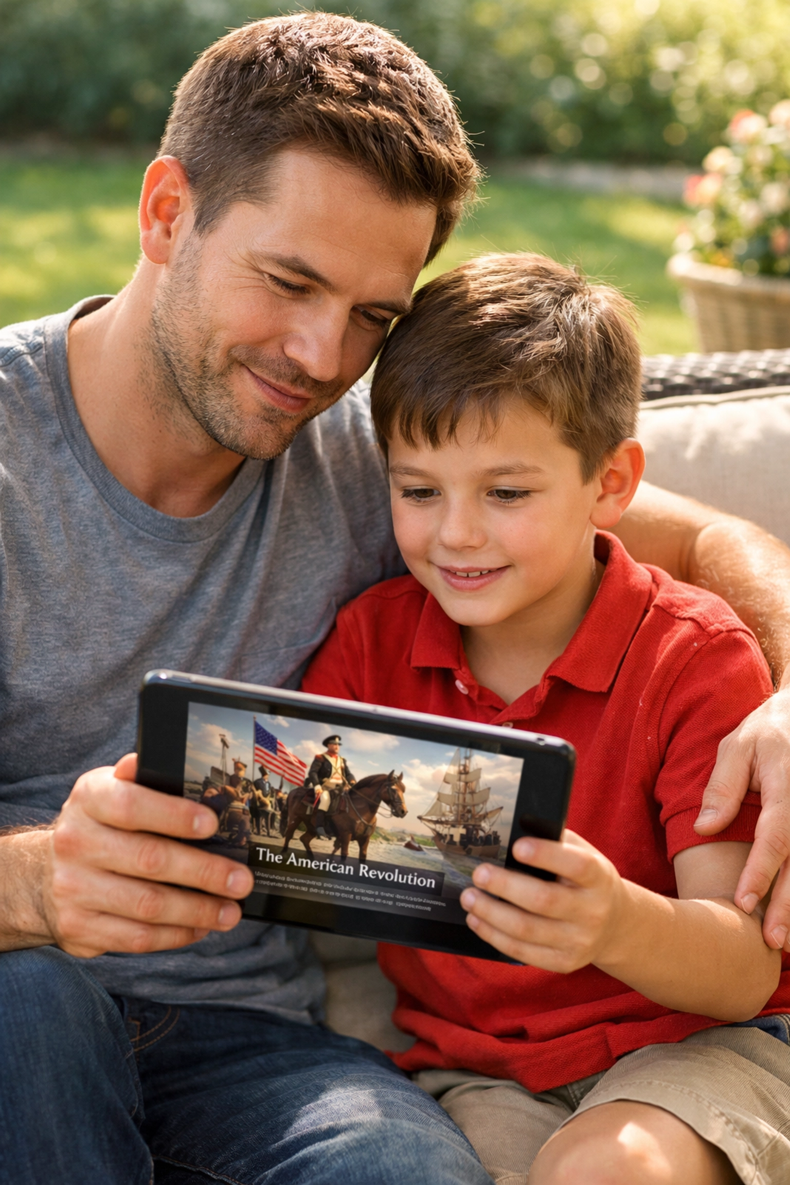 A father teaching his son about civic history and the Pledge of Allegiance using a tablet.