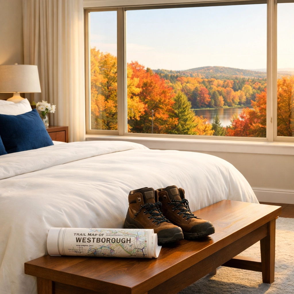 Tidy Westborough bedroom with views of fall foliage, showcasing time saved by recurring house cleaning.