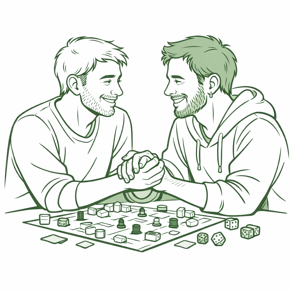 Gay couple holding hands during a board game night, representing social queer hobbies and connection.
