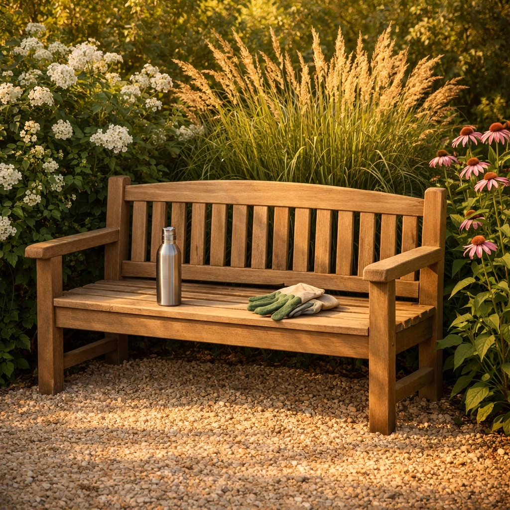 Sturdy garden bench with a water bottle representing a safe rest stop to prevent fatigue-related falls.