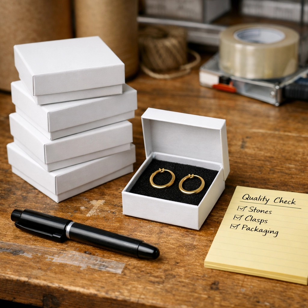 Small business shipping station with gold hoop earrings and wholesale jewelry boxes.