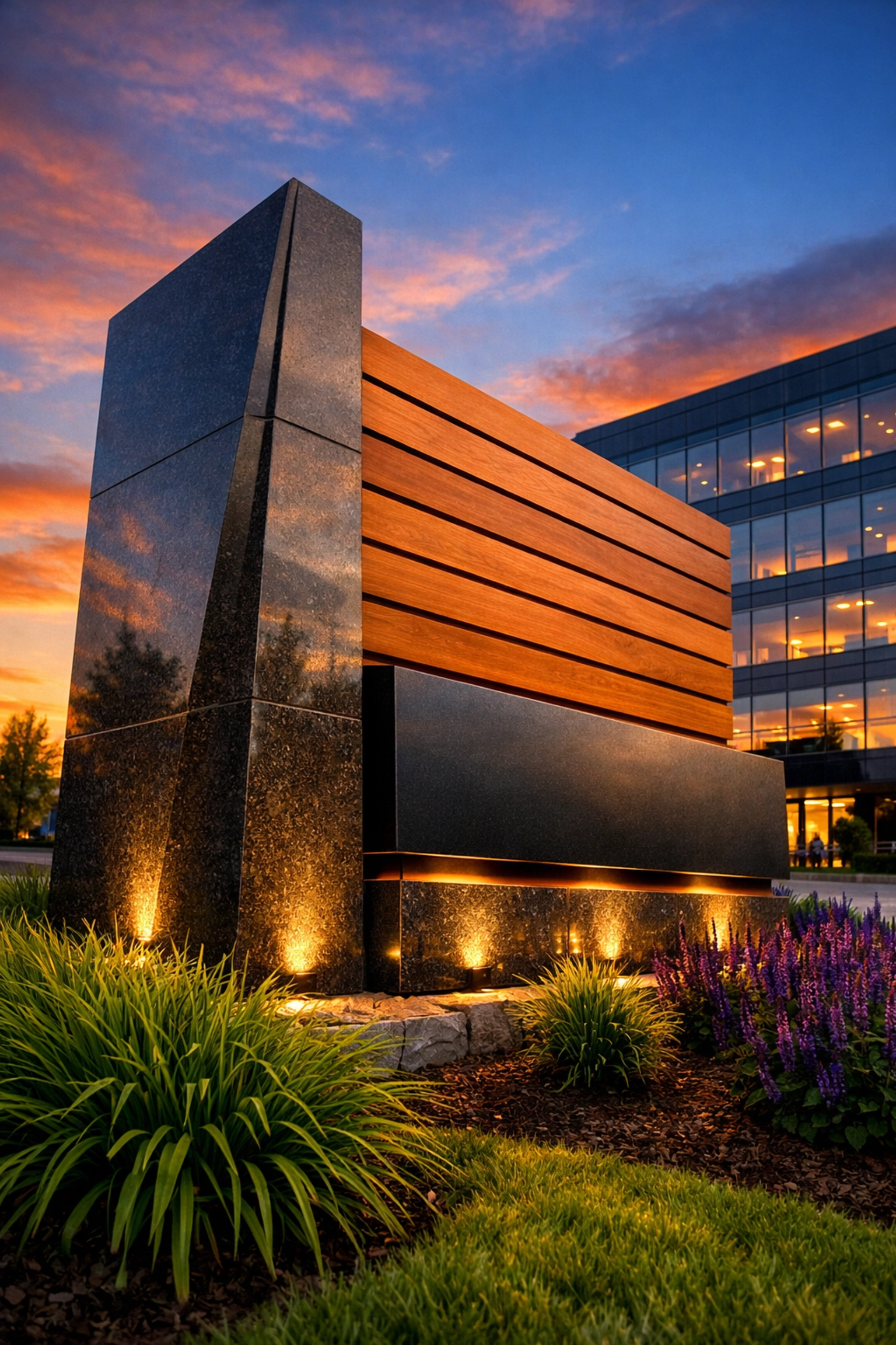 Modern monument sign with stone and wood accents at a professional Albany NY business park.