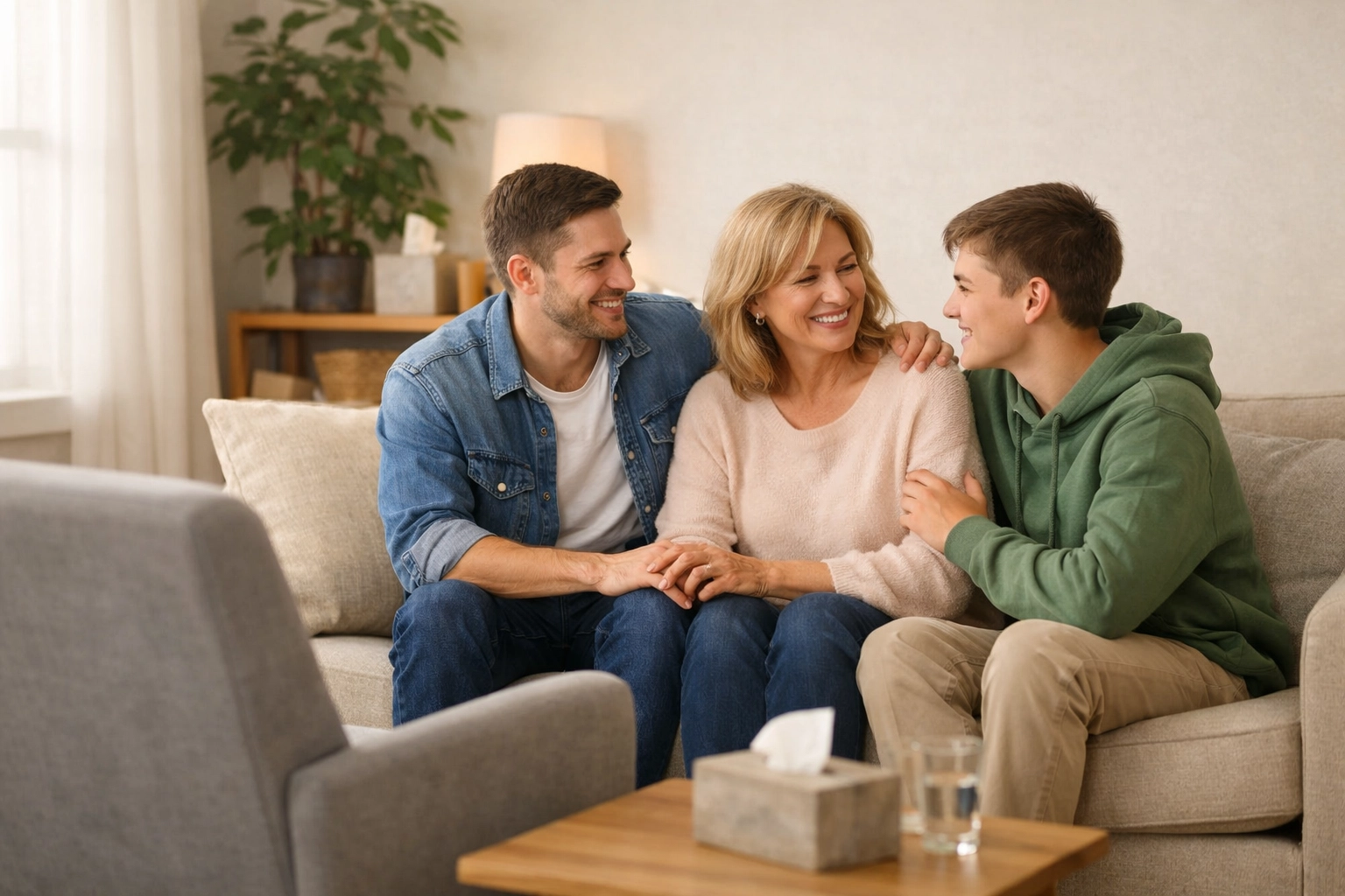 Family counseling session for substance abuse recovery with parent and teens in therapy room