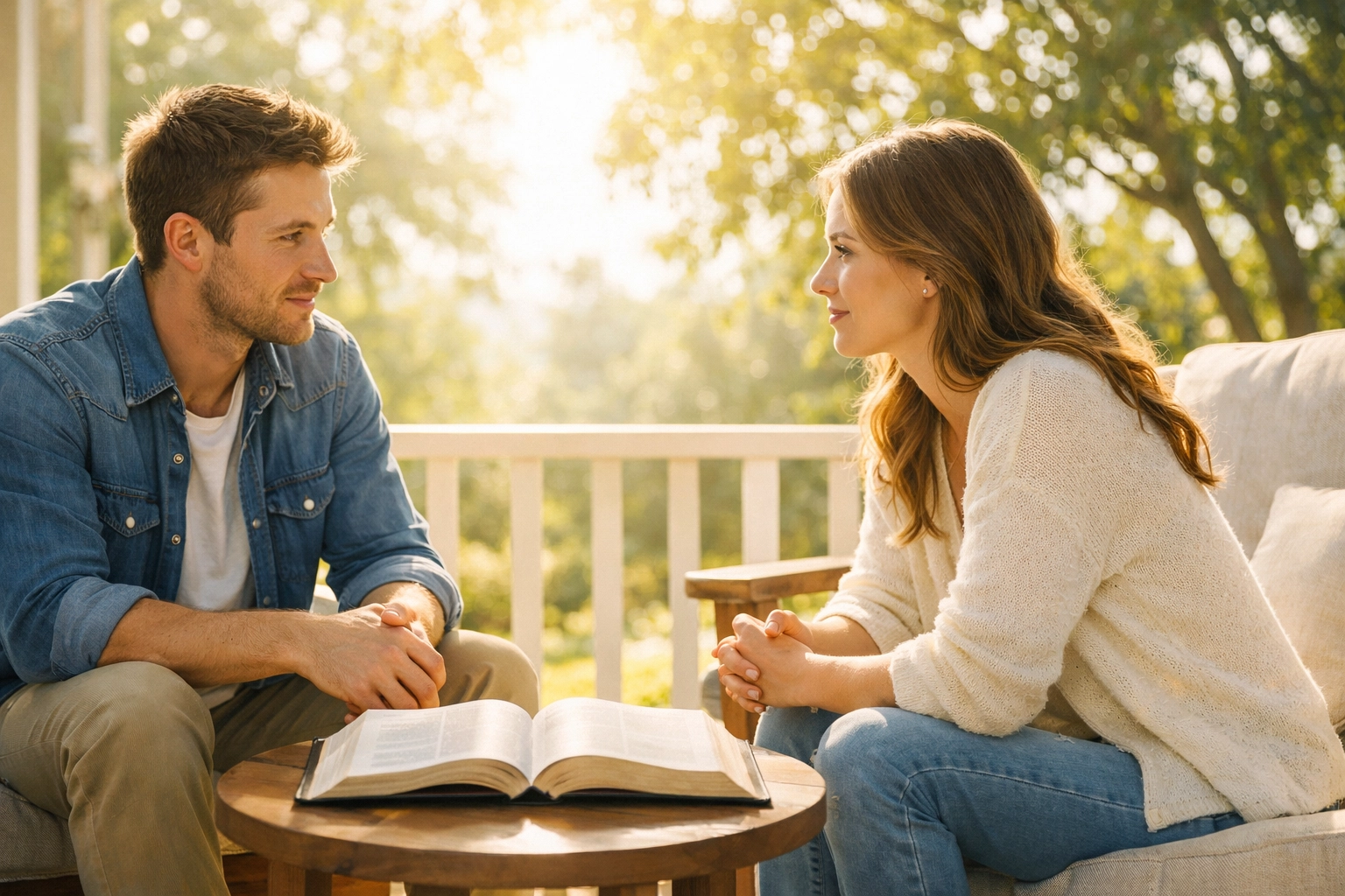 A couple studying the Bible together on a sun-lit porch, finding peace through faith and trust in God.