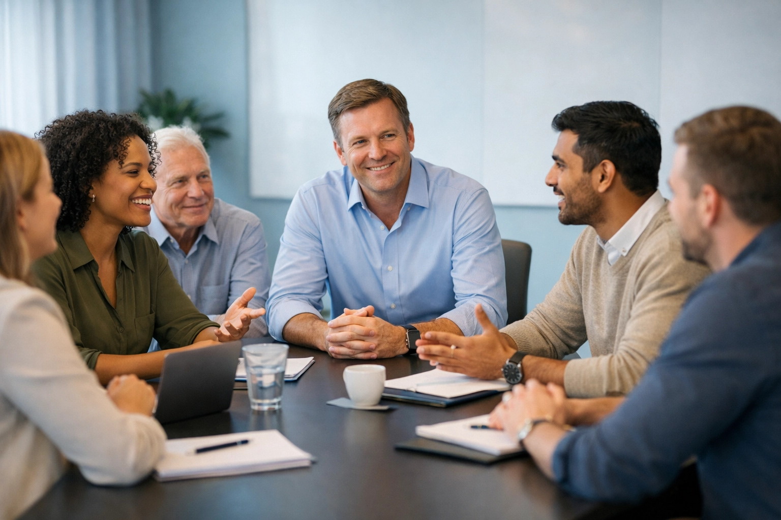 New manager listening to diverse team members during meeting to build trust and psychological safety