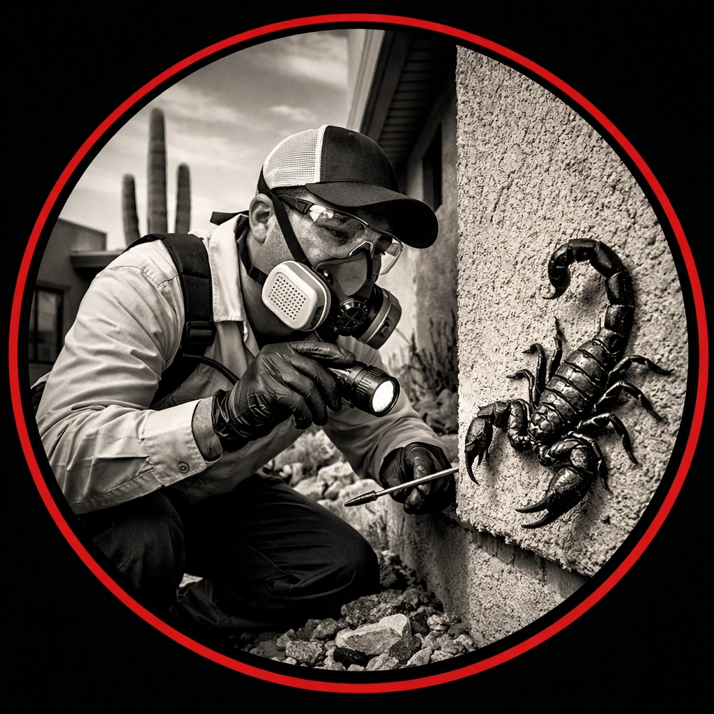 Pest control technician inspecting Coolidge AZ home foundation for scorpion entry points
