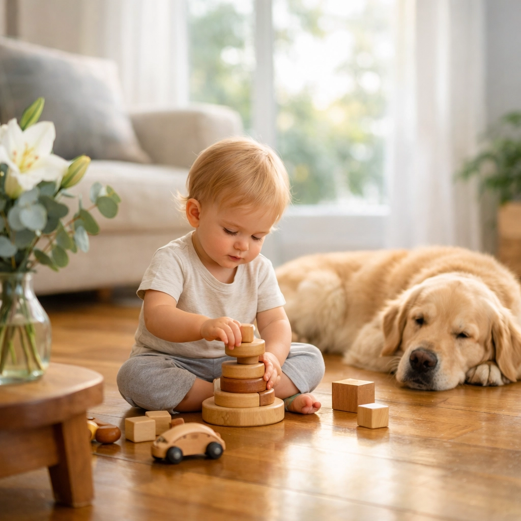 Child and dog playing on a clean, non-toxic hardwood floor in a Tampa home.