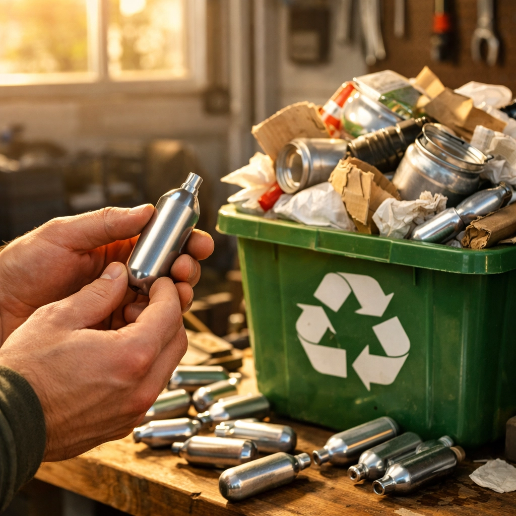 Disposable gas cylinders creating environmental waste in recycling bin
