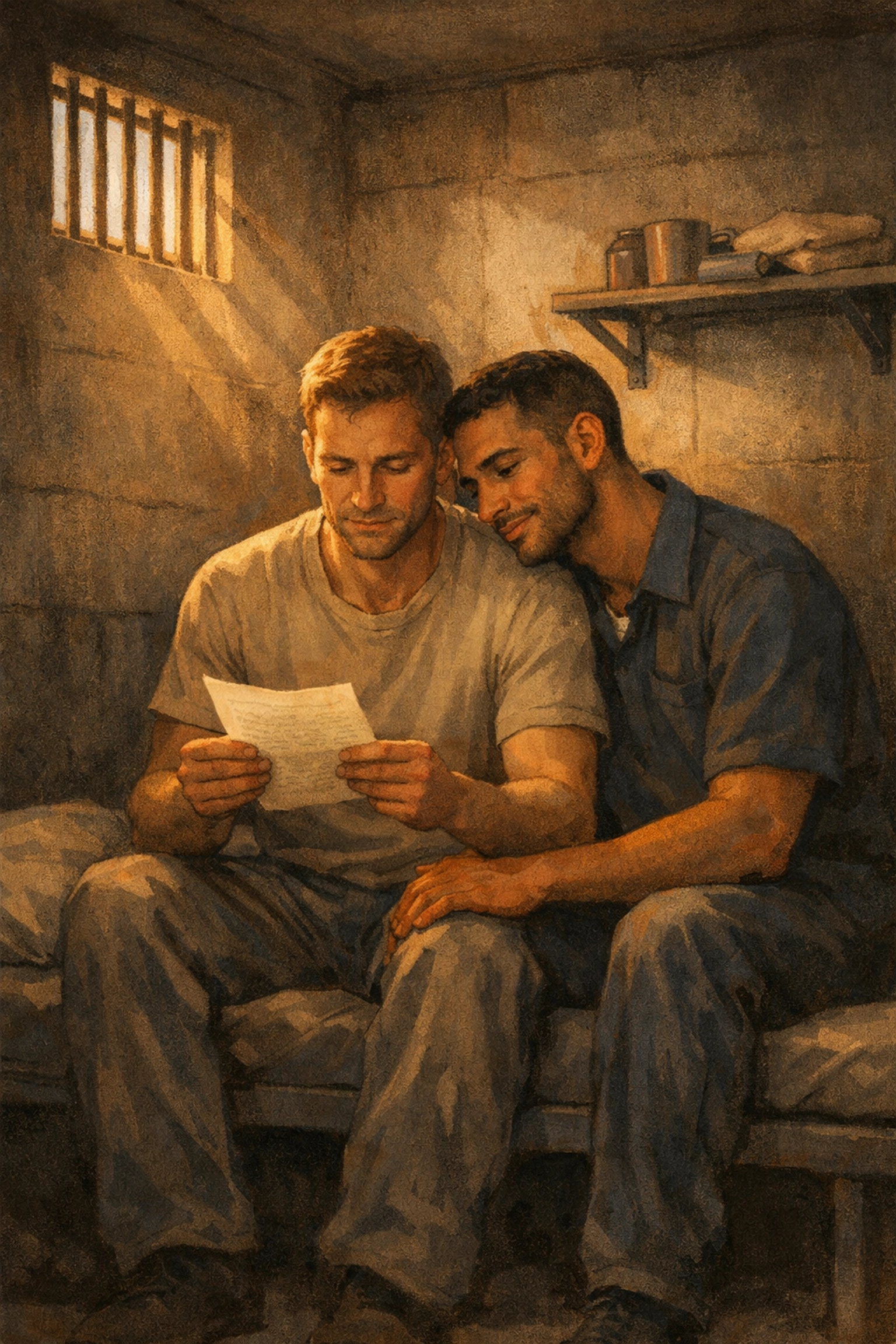 Gay couple sharing intimate moment on prison bunk bed reading letter together in cell