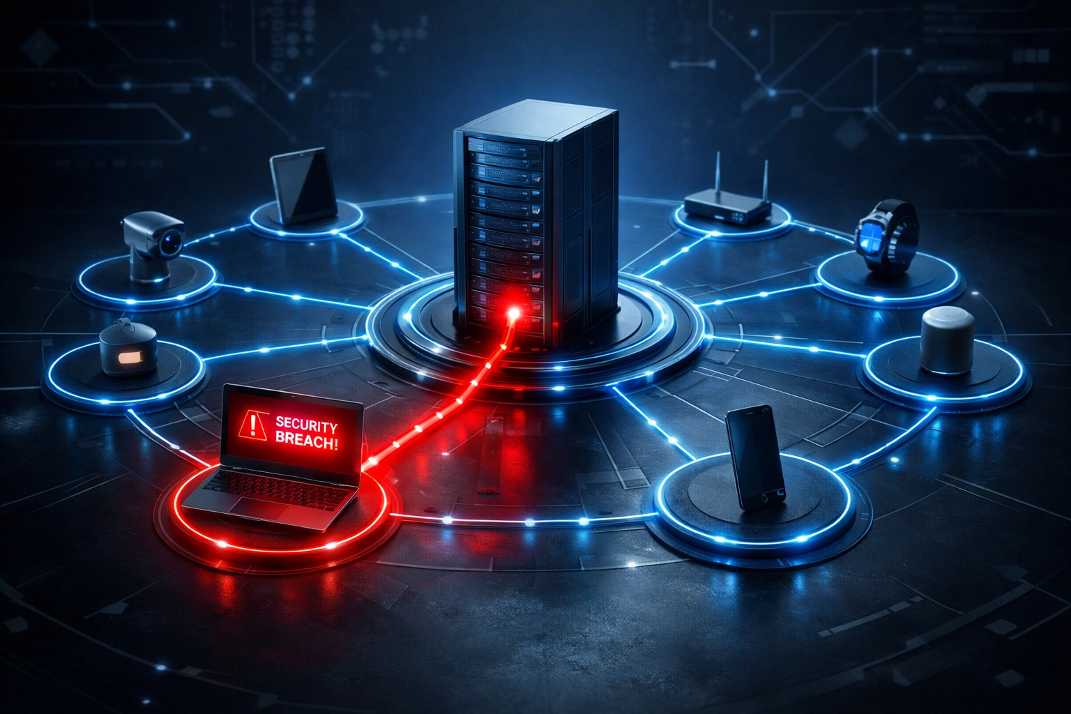 Endpoint security breach showing lateral movement from compromised laptop to business server