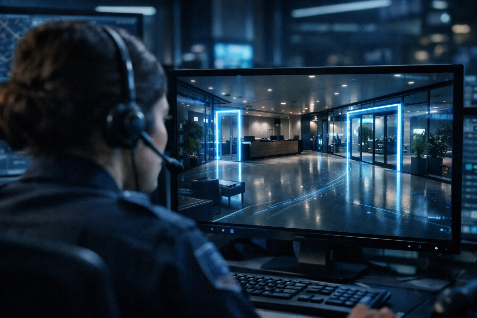 911 dispatcher monitoring live video feed from a Michigan business for real-time emergency response.