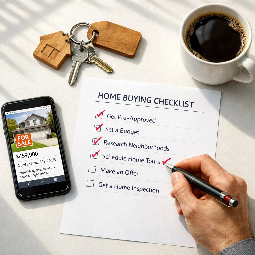 Home buying checklist with property listing and house keys on desk