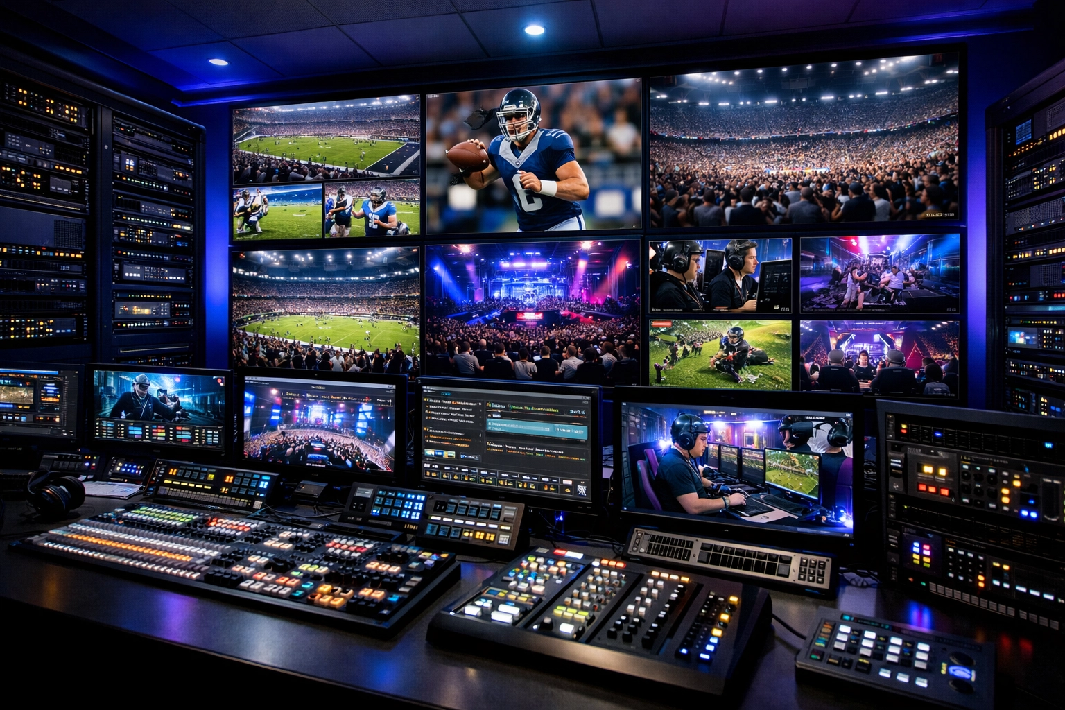 Modern broadcast control room with multiple monitors displaying live sports and esports feeds for scalable production