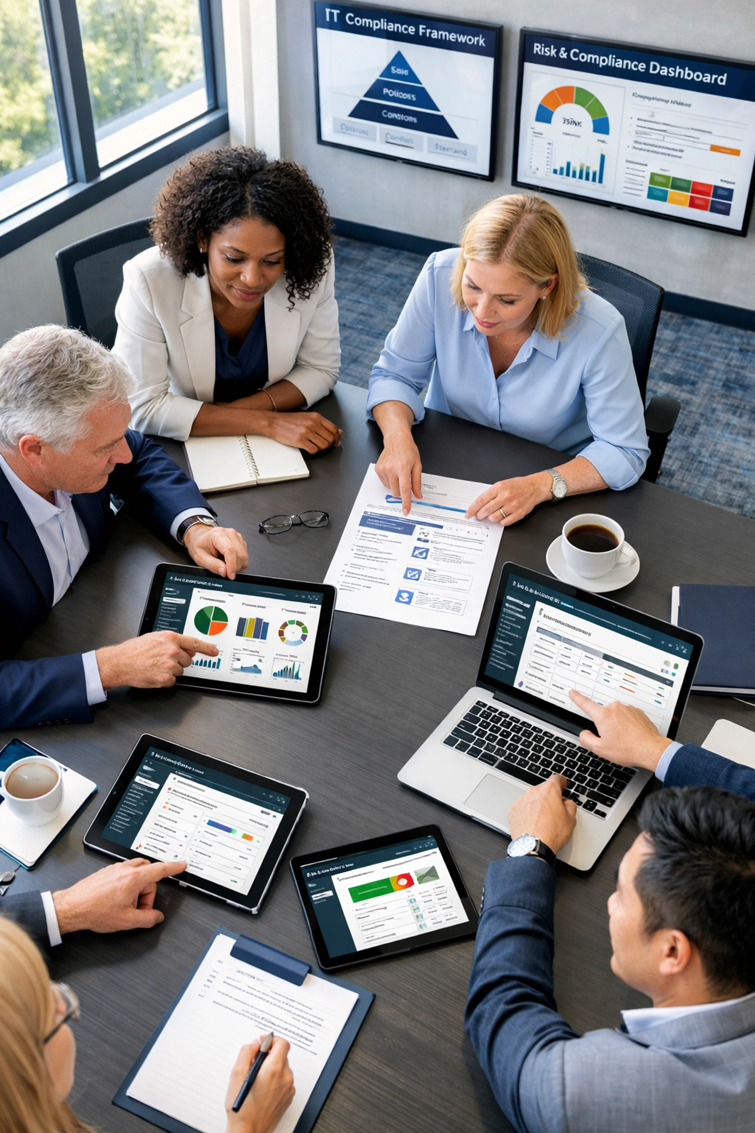 ServiceNow consulting team reviewing ITOM dashboards and compliance frameworks for implementation