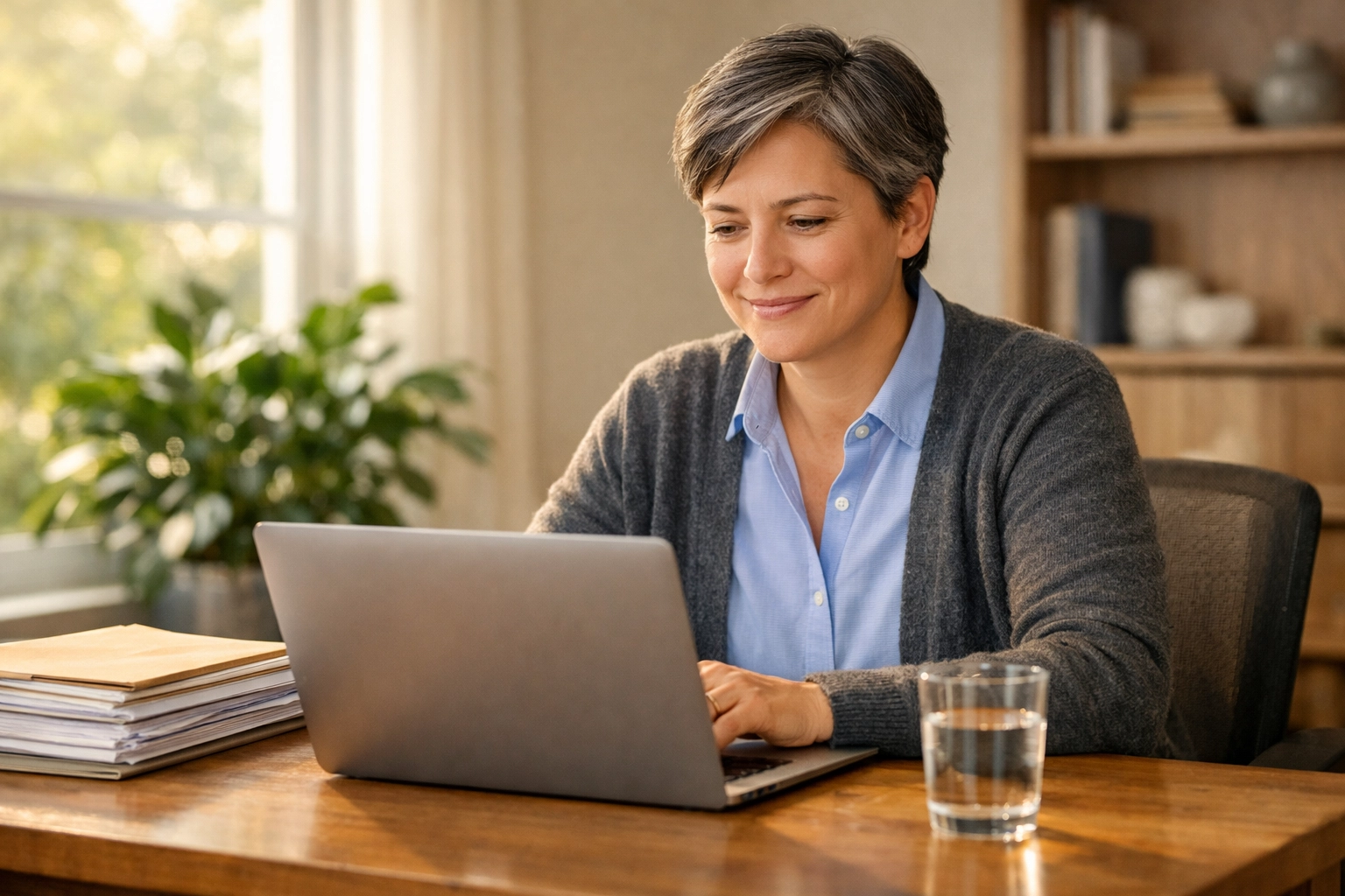 A calm person reviewing bankruptcy documents for their 341 meeting of creditors in a home office.