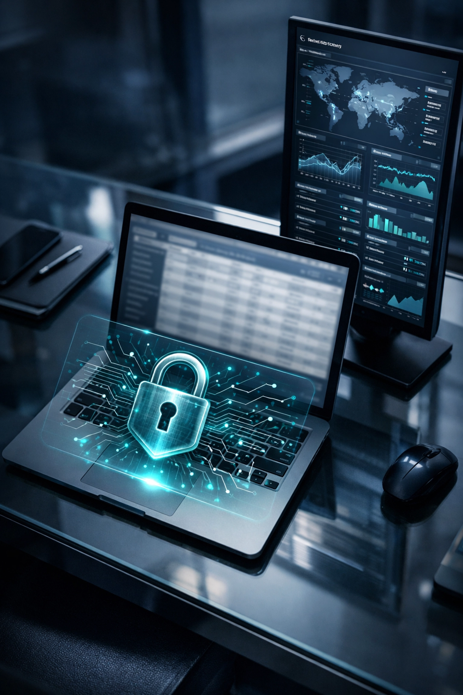 Secure IT workstation showing a proactive cybersecurity dashboard for tax season data protection.