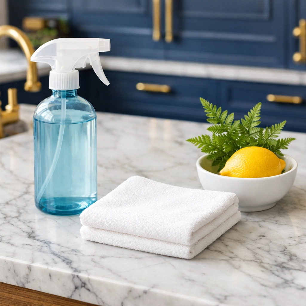 Eco-friendly spray and microfiber cloth on a marble island, illustrating Hingham Luxury Cleaning Secrets.