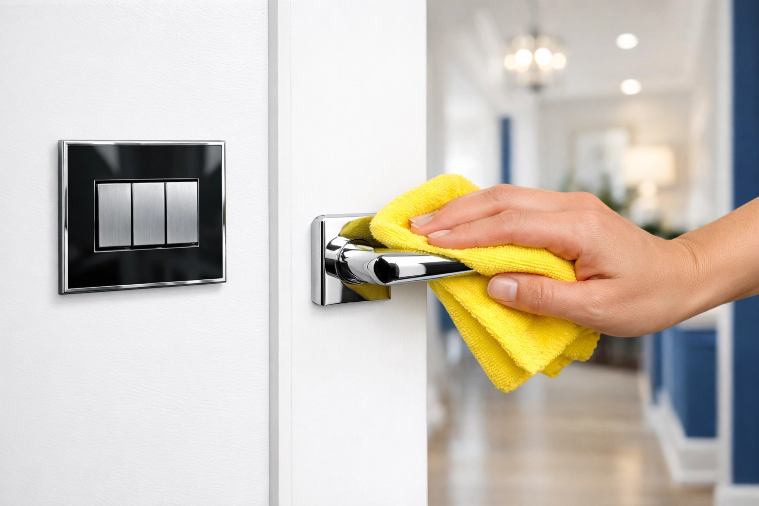 Disinfecting high-touch door handles and light switches during a professional house cleaning Lowell MA.