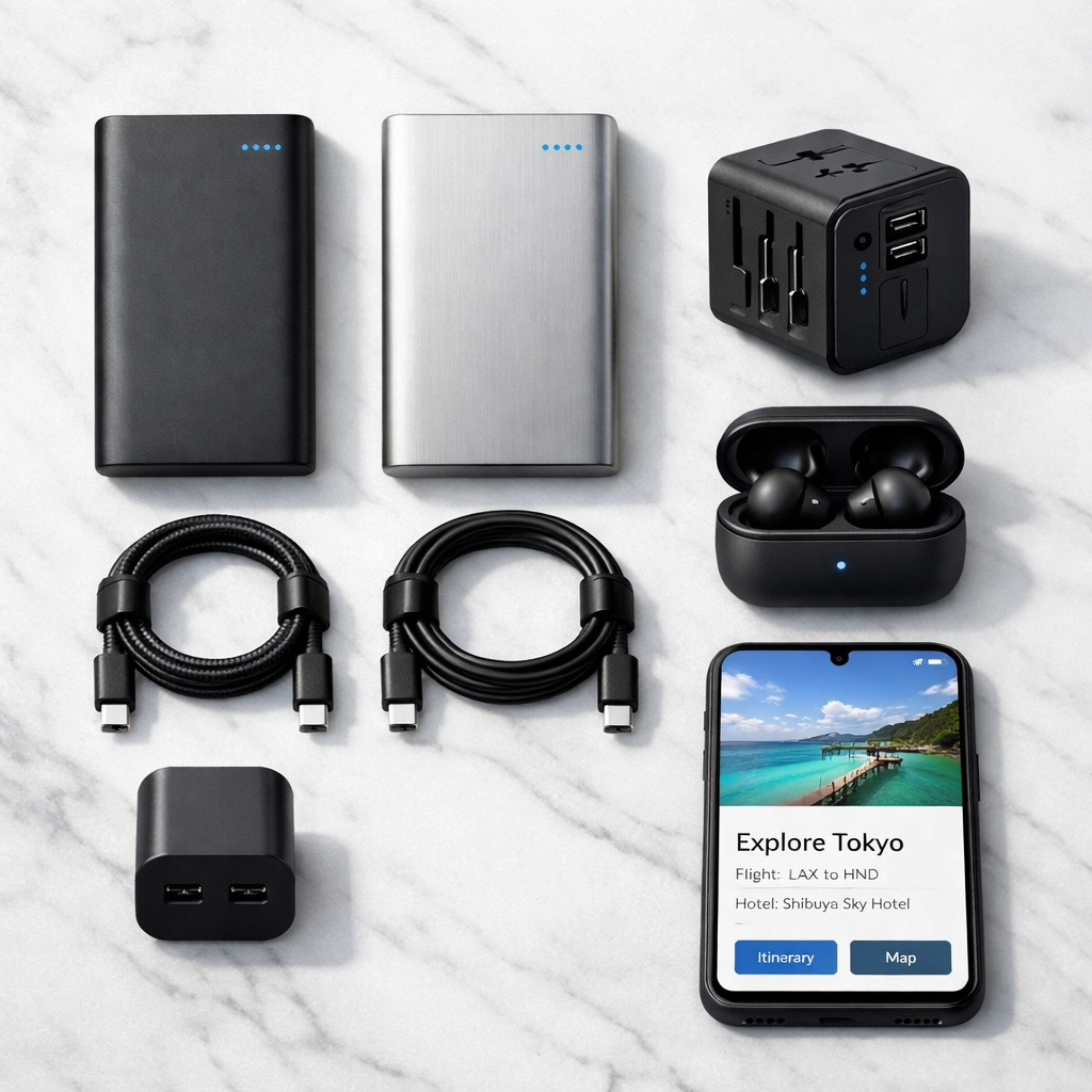 Essential travel tech gadgets including power banks, charging cables, and wireless earbuds arranged neatly