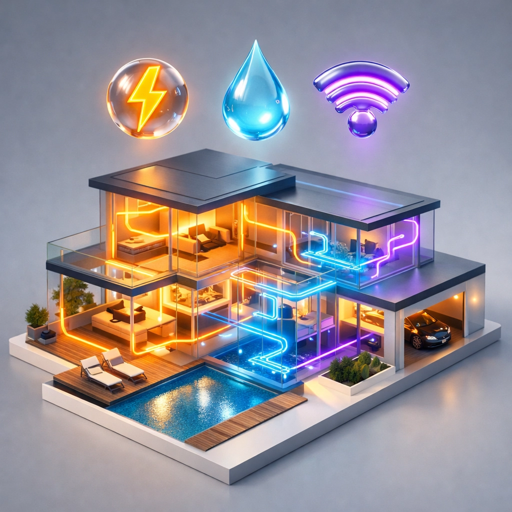 Diagram showing how to set up utilities like electricity, water, and high-speed internet in a new home.