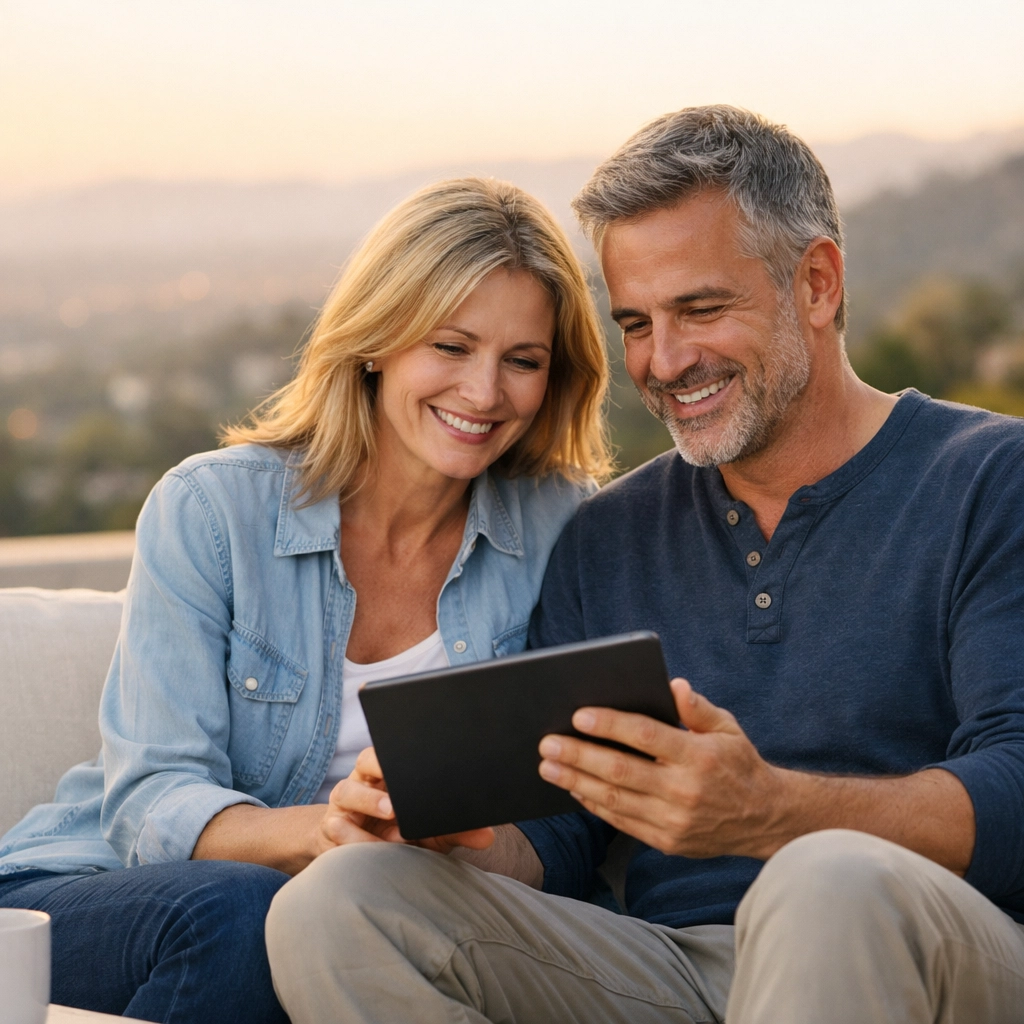 California couple smiling while reviewing an IUL life insurance policy for long-term financial security.