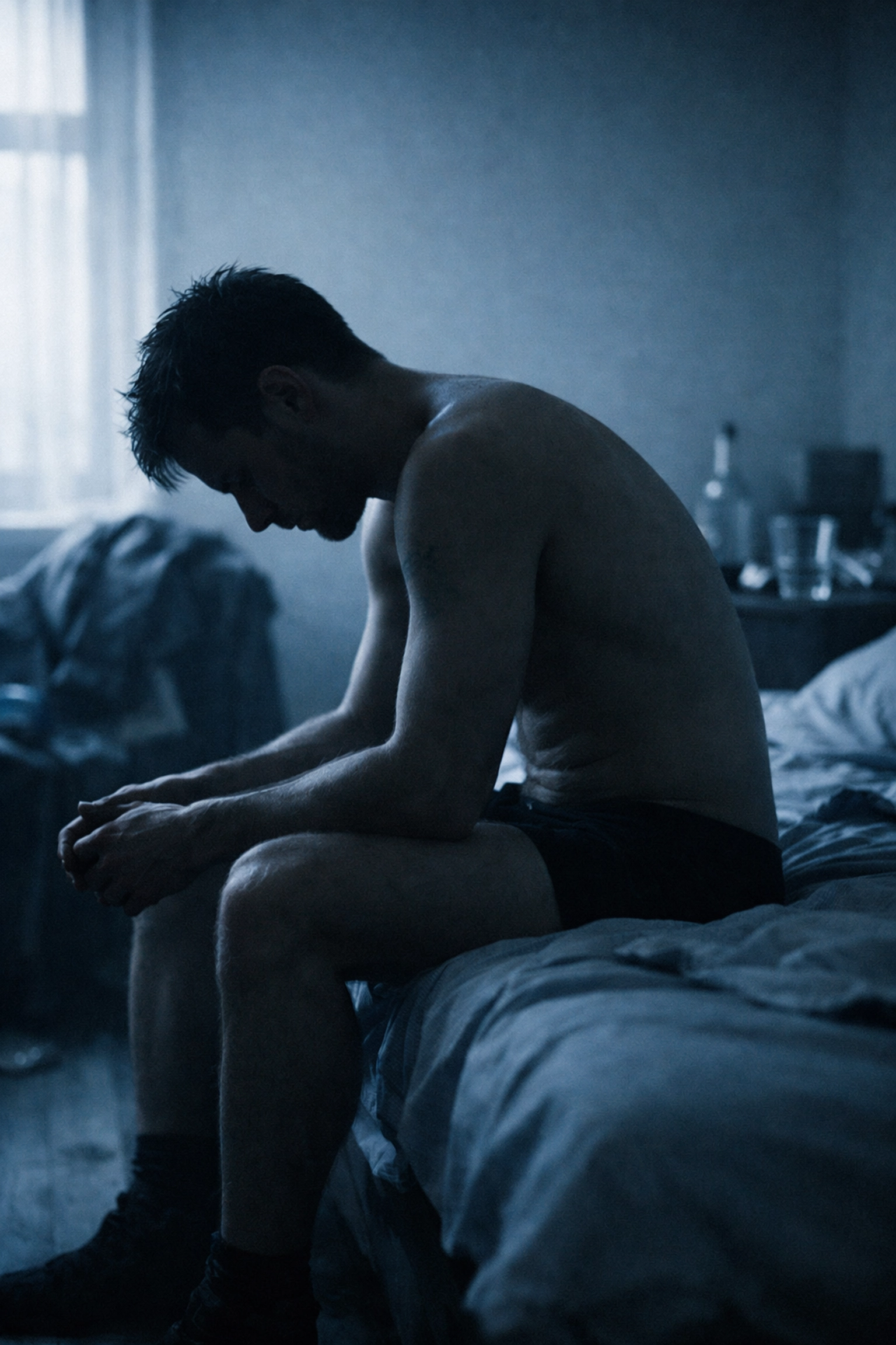 A lone man sits on a bed in cold morning light, showing the emotional exhaustion and isolation of drug addiction.