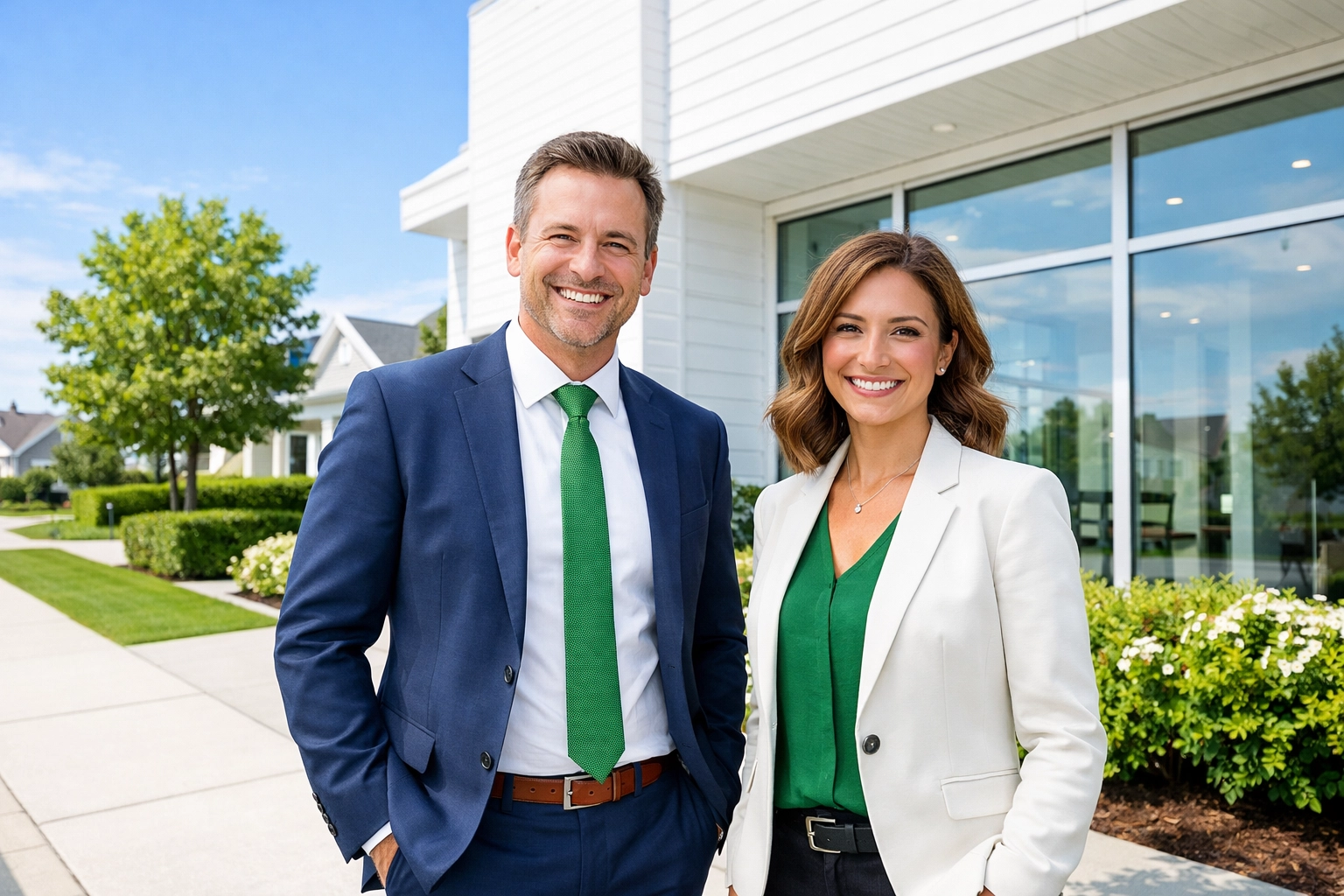 Friendly local business professionals standing in front of a modern office building in a suburban neighbourhood.