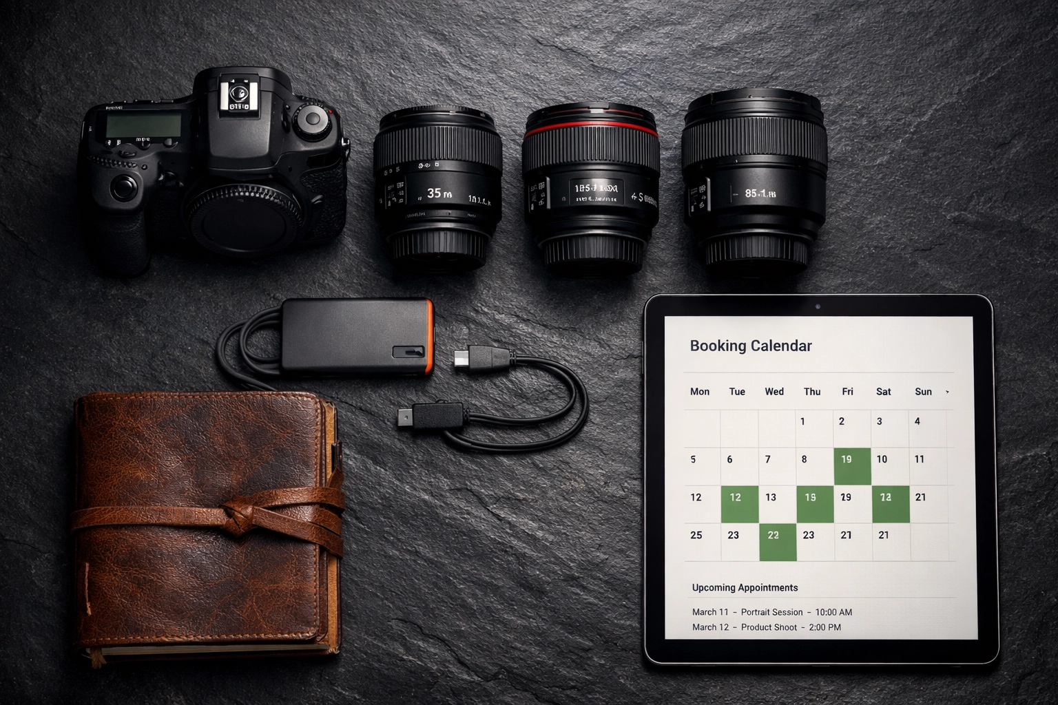 Essential photography gear and a digital booking calendar for streamlined project management.