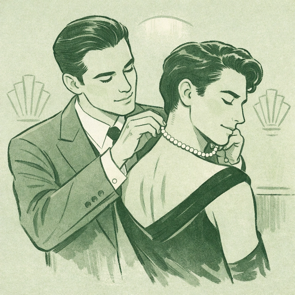 Gay couple in vintage 1950s Hollywood style, one adjusting pearl necklace on partner in black dress