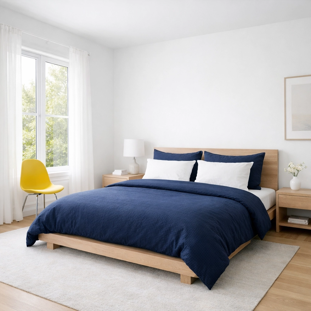 A peaceful Wayland master bedroom with blue bedding, demonstrating the stress-free benefits of a clean home.
