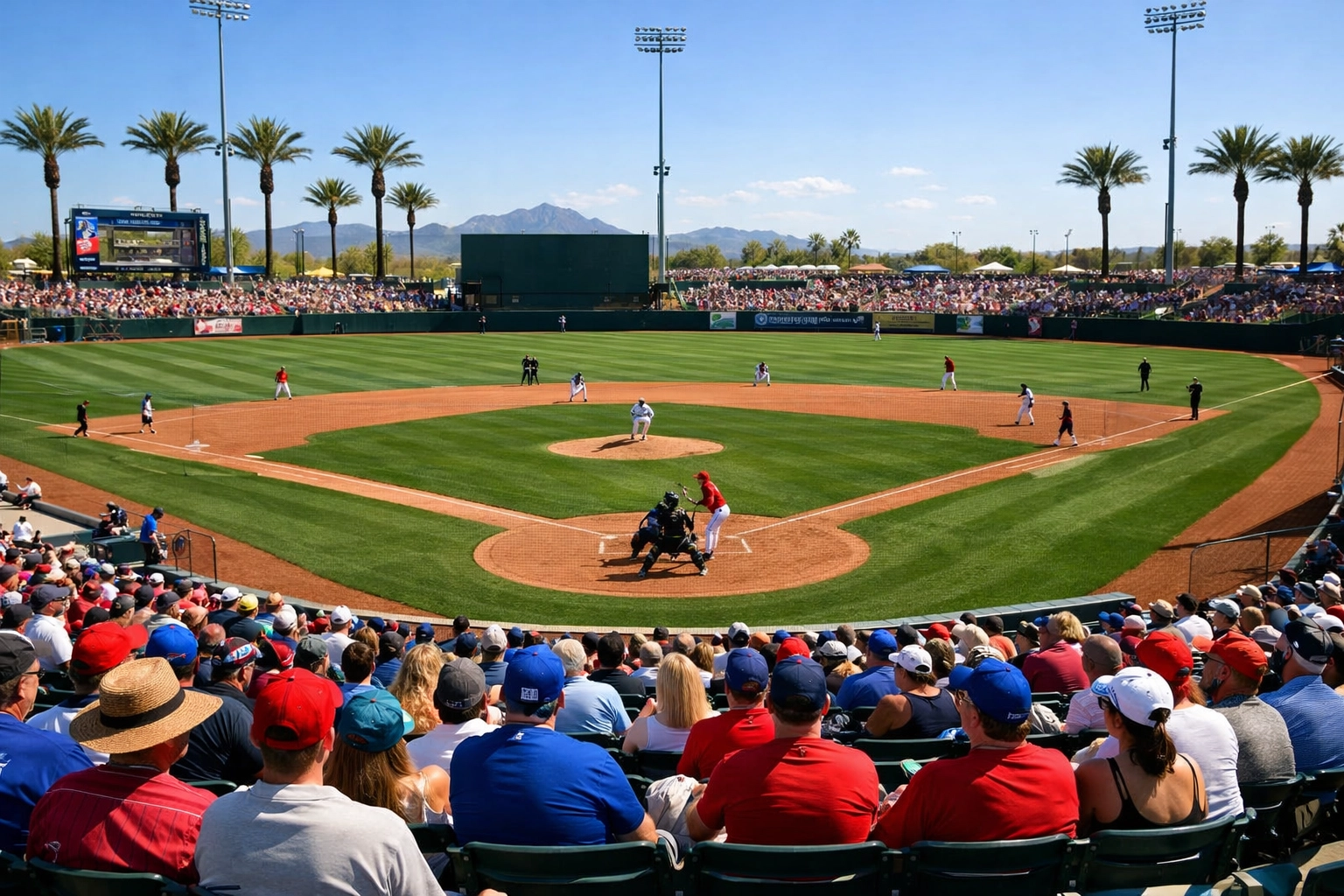 Vibrant Arizona baseball stadium scene during Cactus League Spring Training