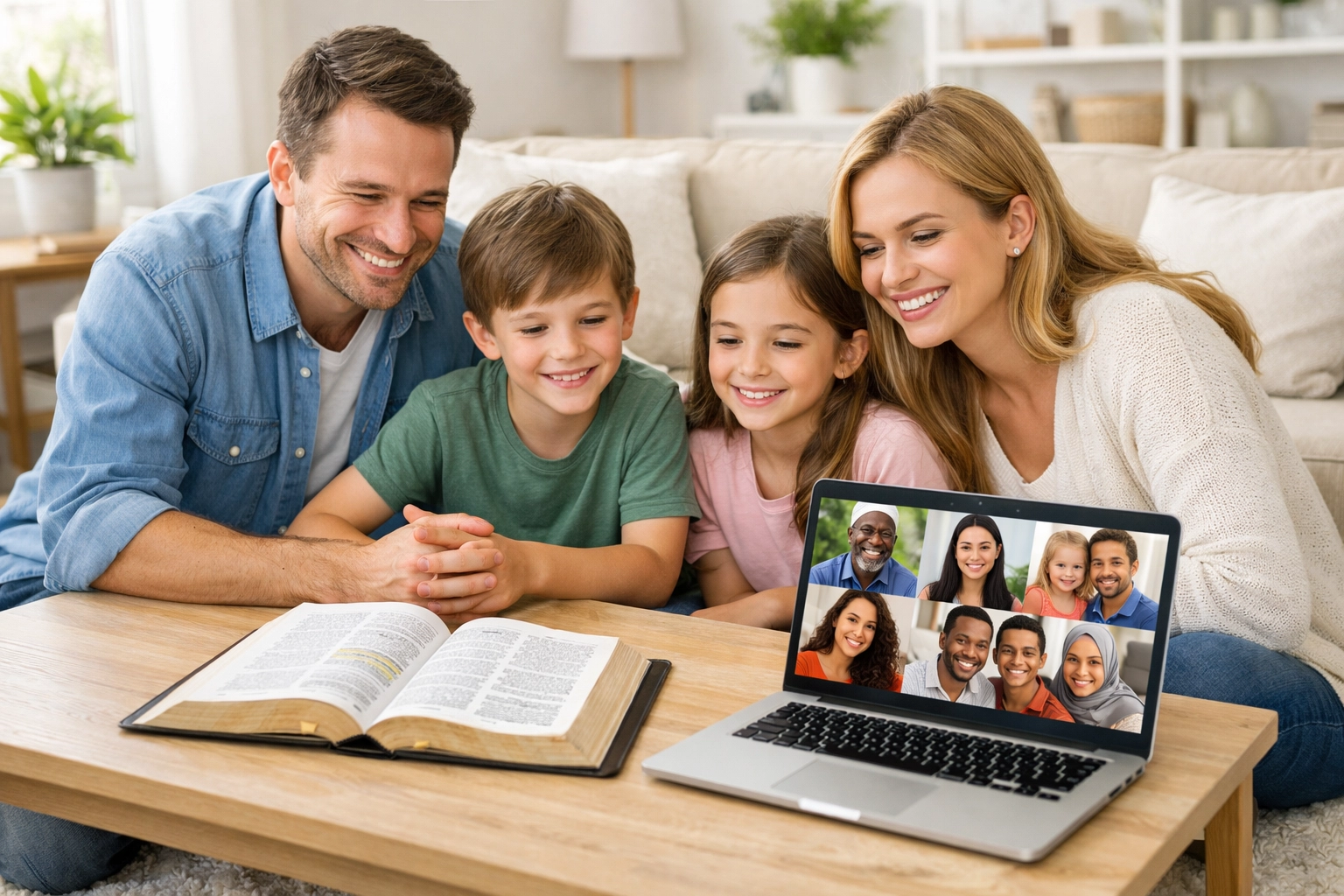 A Christian family studies the Bible together during a global video call with an online church community.