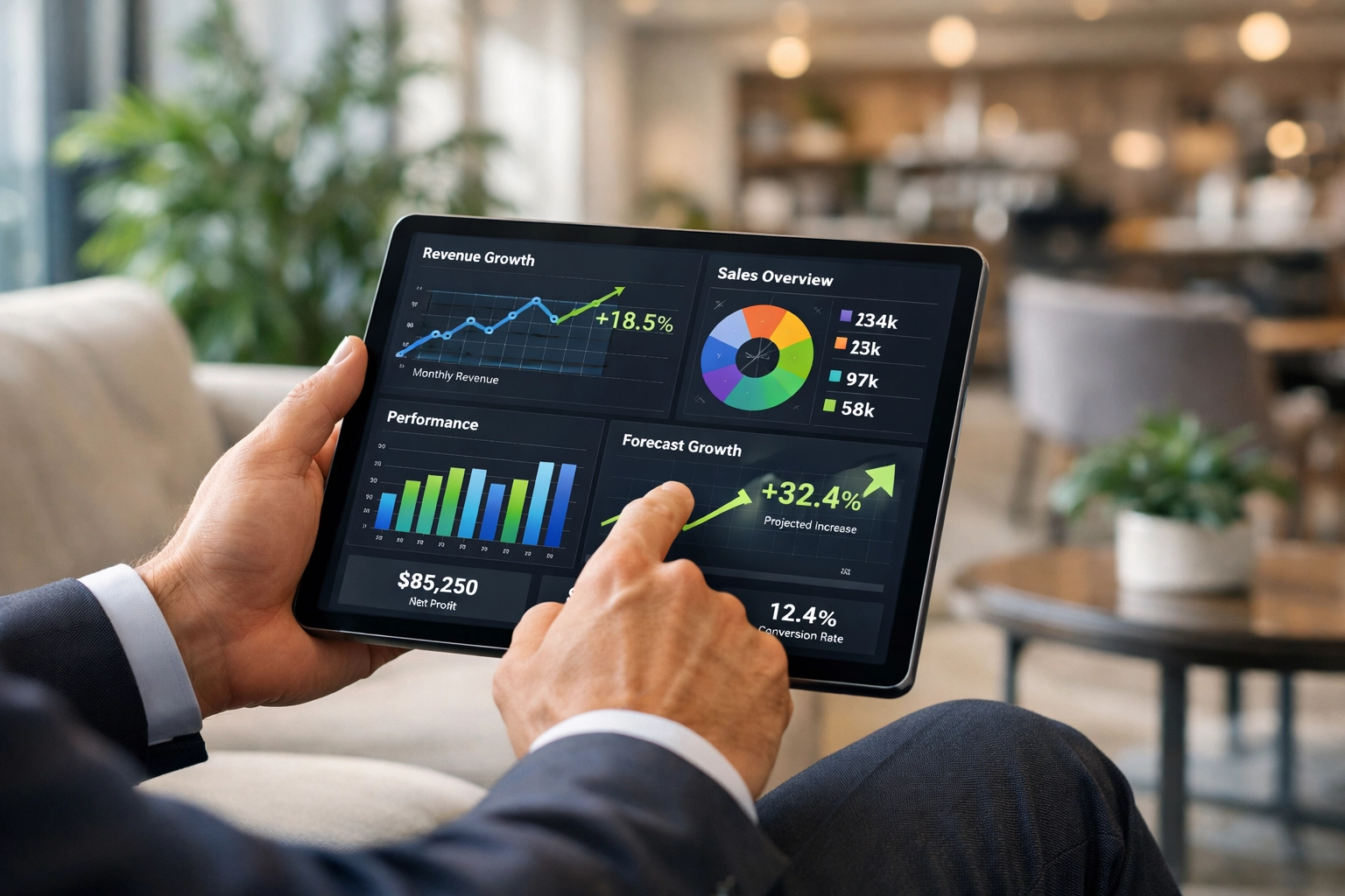 Professional using a tablet to monitor real-time business financial charts and cloud accounting data.