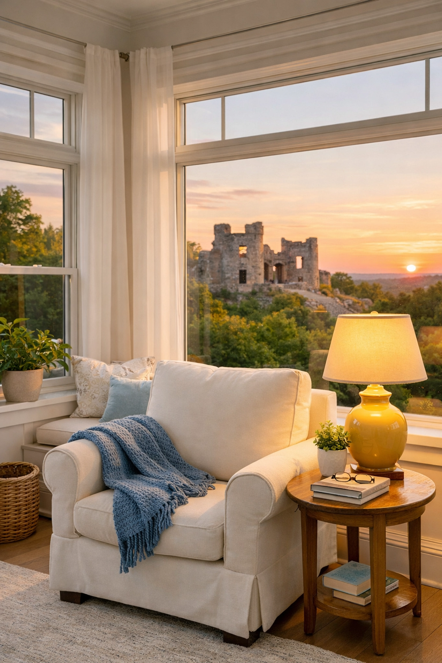 Spotless Groton sunroom with views of Bancroft’s Castle showcasing luxury house cleaning excellence.