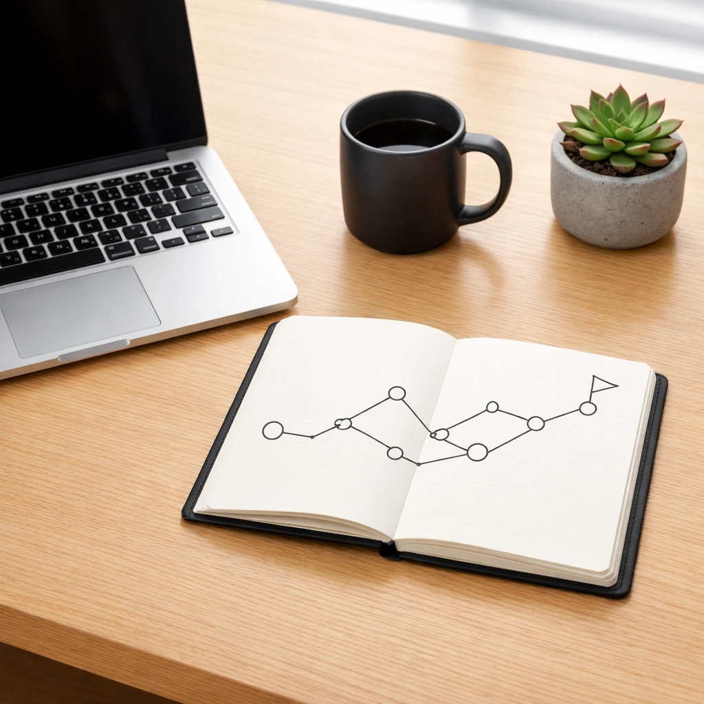 A professional minimalist workspace with a strategic roadmap representing organized controller and CFO services.