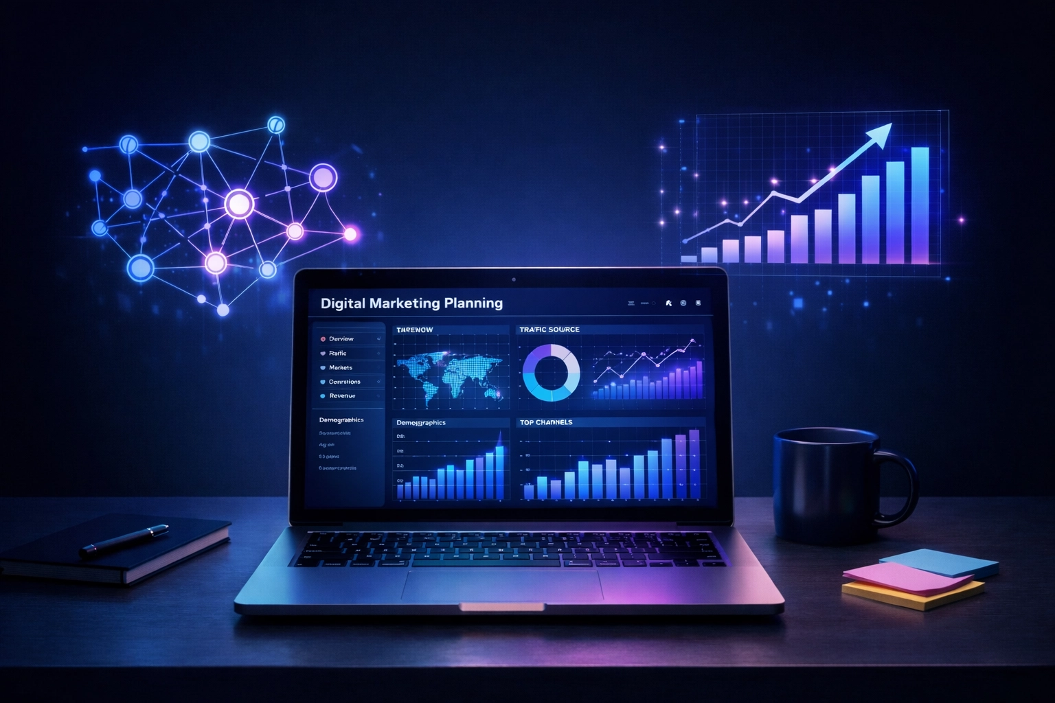 Simon Leung online seminar planning workspace with laptop and analytics dashboard (no people)