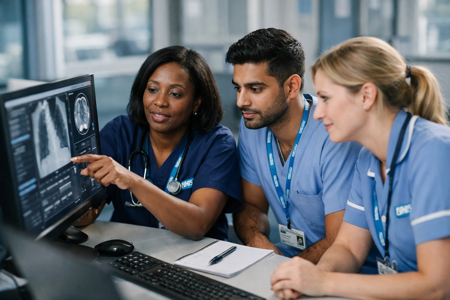 NHS clinical team reviewing respiratory diagnostic data at hospital workstation