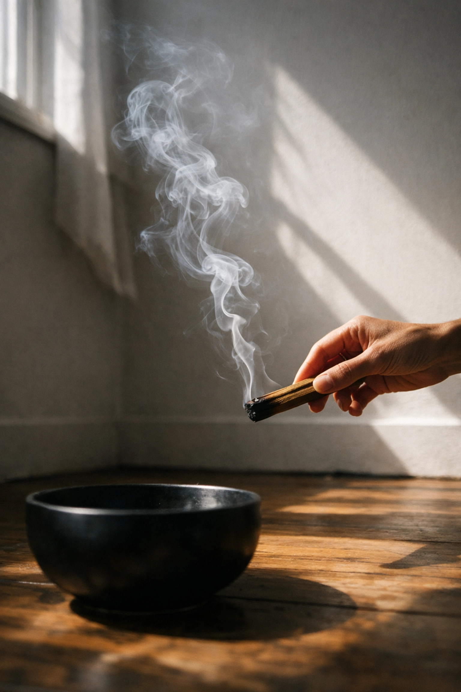 Hand waving palo santo smoke during smudging ritual to cleanse room energy