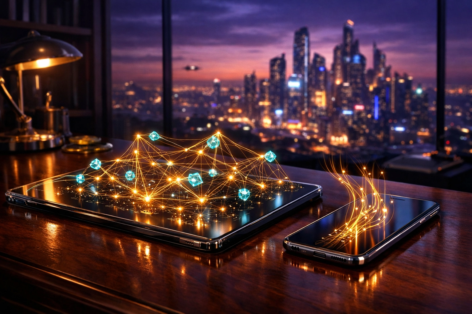 Holographic smart contracts on a tablet representing financial sovereignty and self-custody merchant accounts in Web3.