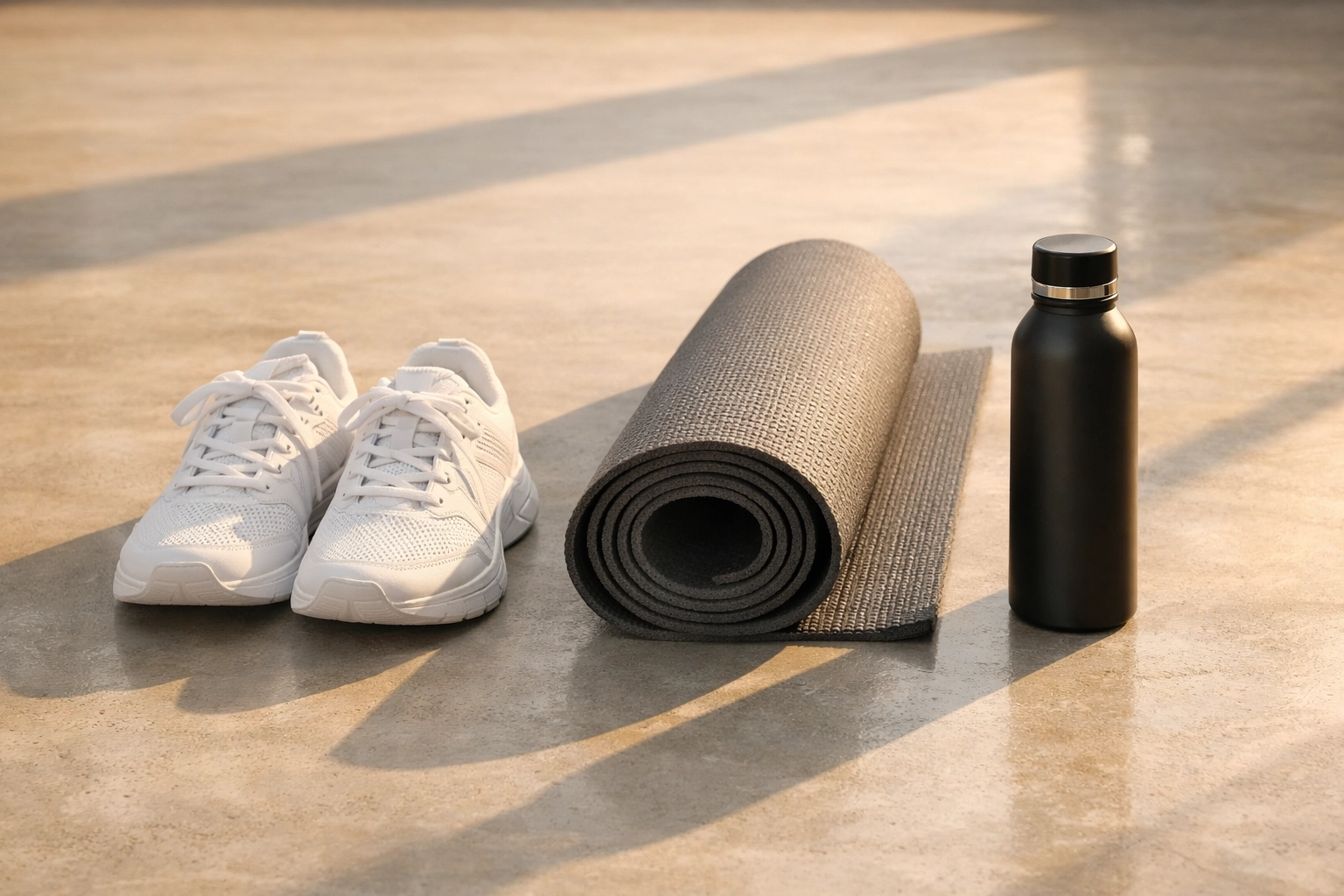 Exercise gear and yoga mat for lifestyle habits following a weight loss peptide research protocol.