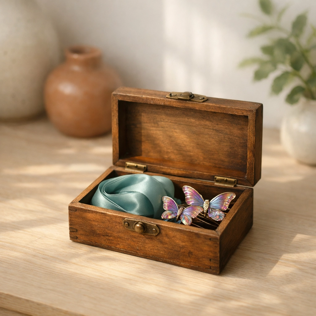 Butterfly hair clips in a wooden box representing the nostalgia and healing involved in grieving a lost girlhood.
