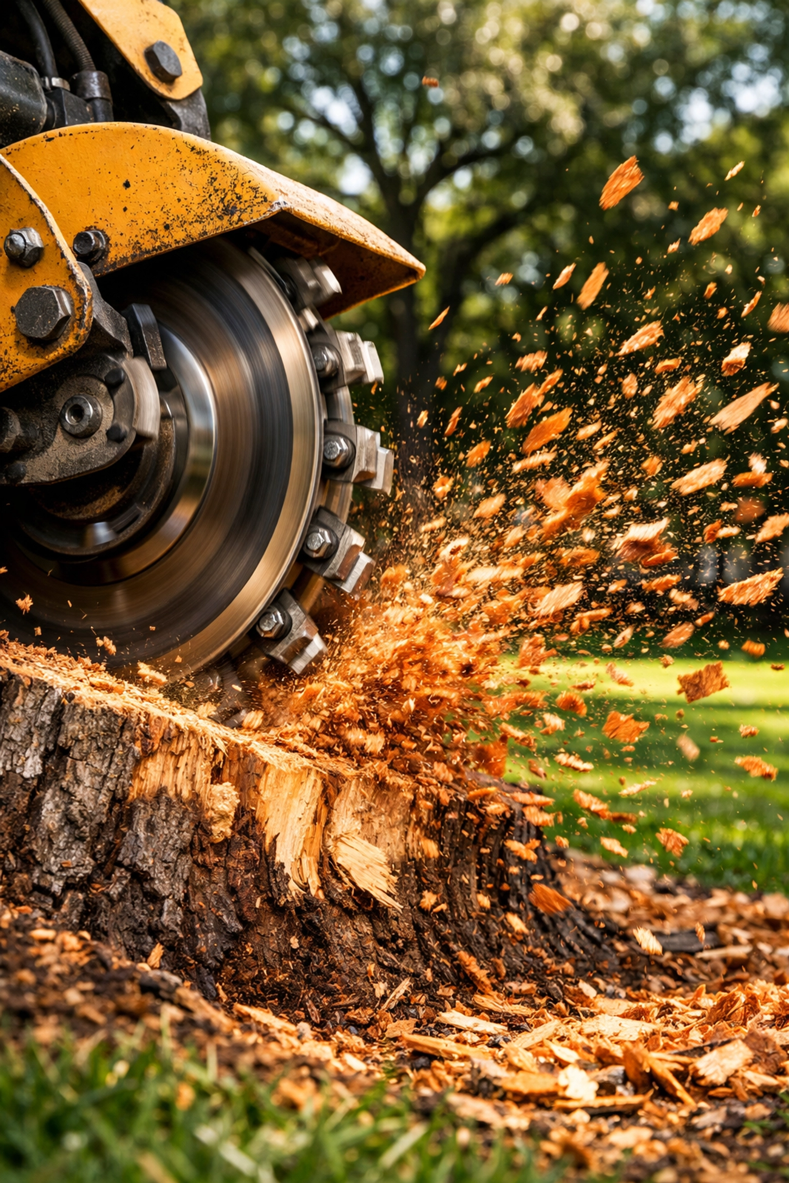 Professional stump grinding machine cutting a tree stump in a Chattanooga backyard, creating wood chip mulch.