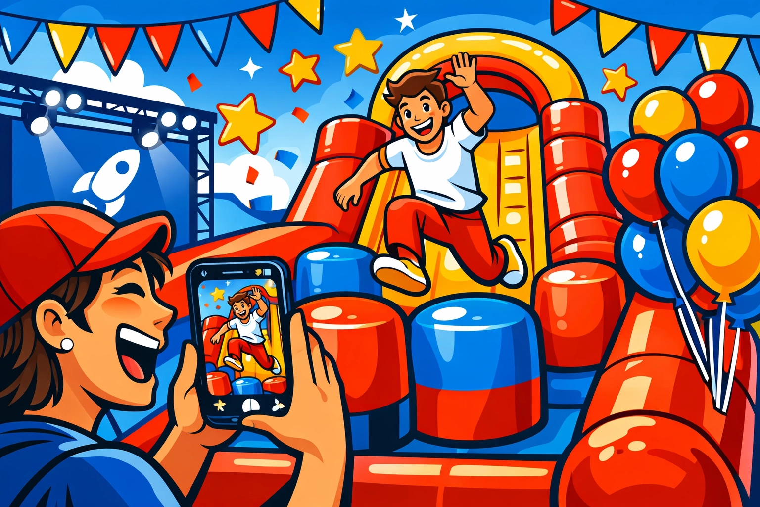 Guests recording a friend on a vibrant inflatable obstacle course at a high-energy brand product launch.