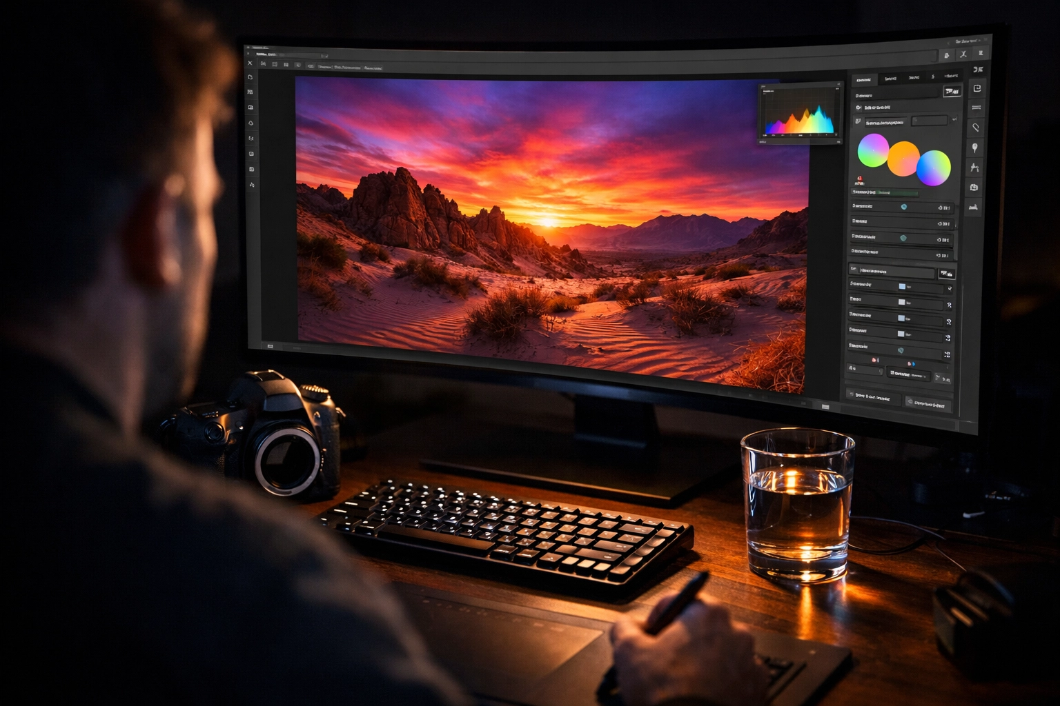 Photographer color grading a desert landscape photo initially captured in camera Manual Mode.