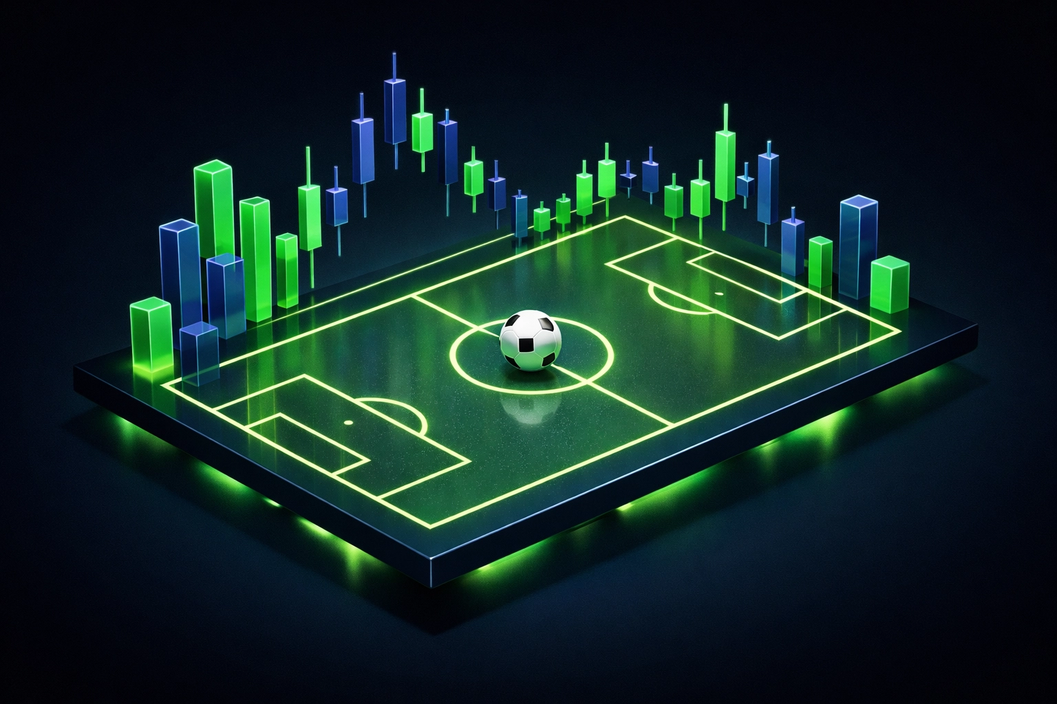 Digital football pitch with trading graphs showing live football data and in-play stats.