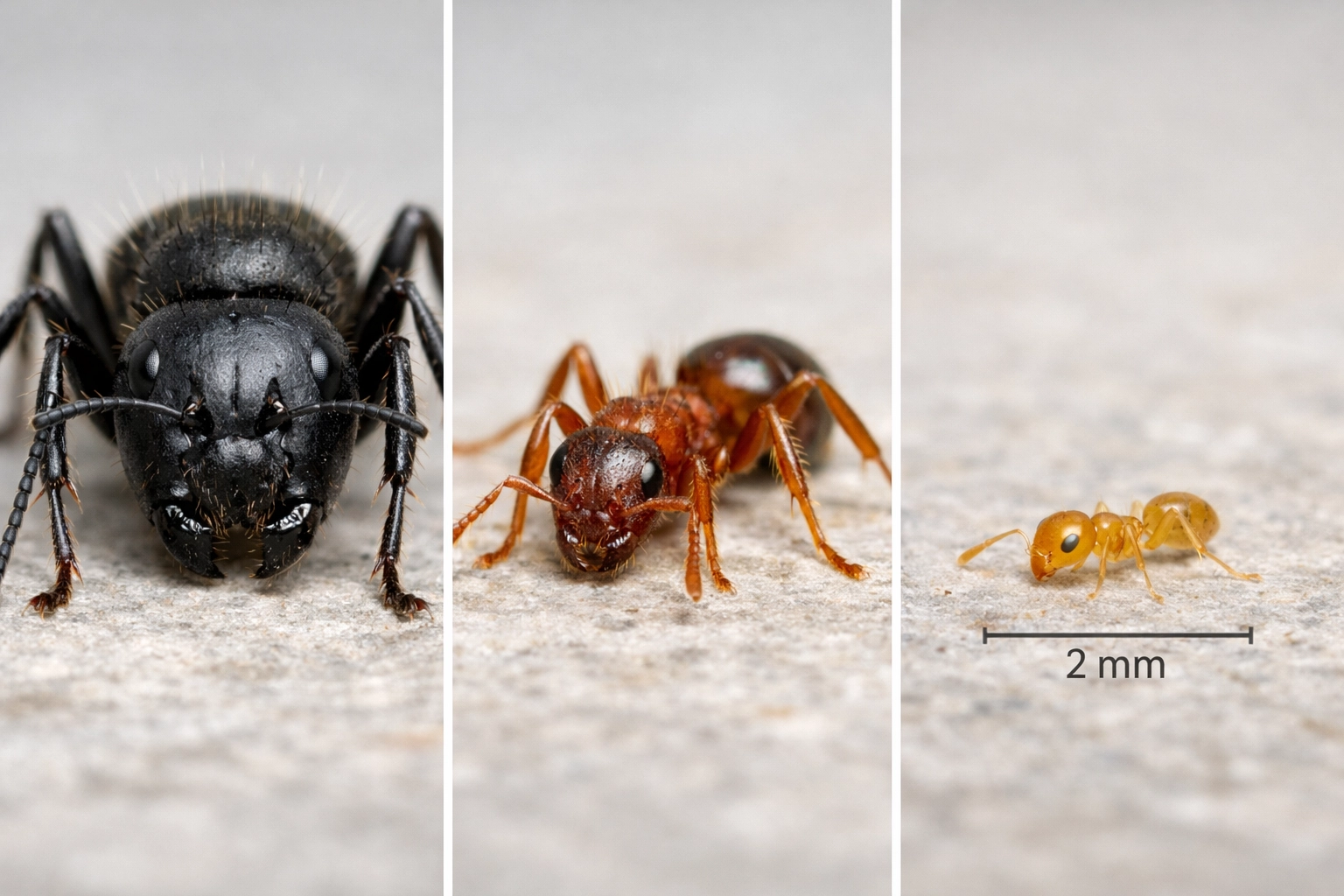 Macro view comparing Carpenter, Pavement, and Pharaoh ant species for identification.